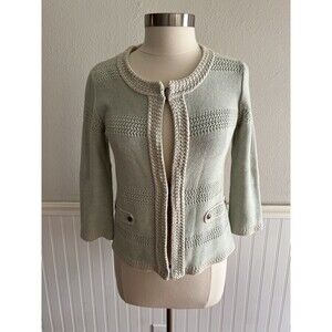 Cabi Women's Society Knit Cardigan Sweater 3/4 Sleeve 100% Cotton Mint Green S